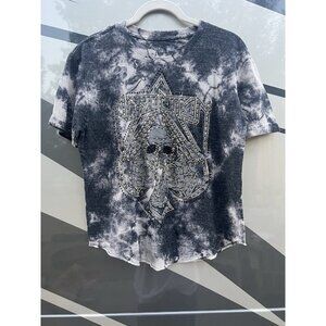 Vintage Y2K Affliction gray tie dye rhinestones beaded skull crossbones S grunge